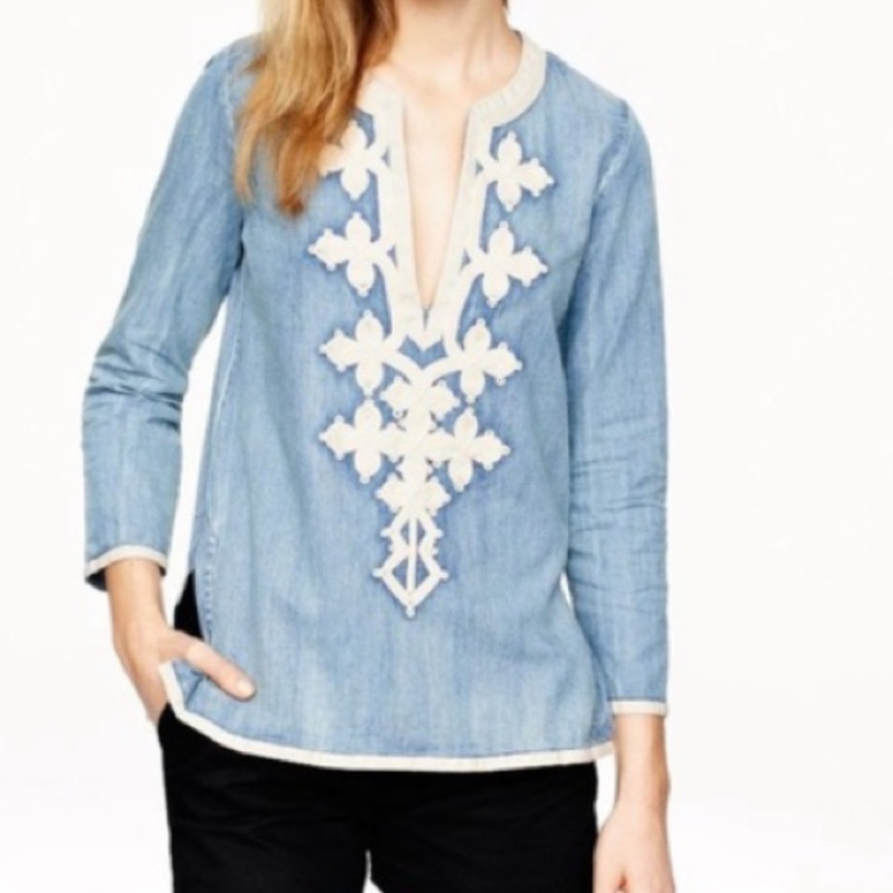 J Crew Moroccan Tunic Denim Chambray Long Sleeve Embroidered Embellished